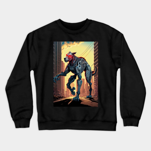 Giant futuristic robot cyborg dog attacking the city Crewneck Sweatshirt by KoolArtDistrict